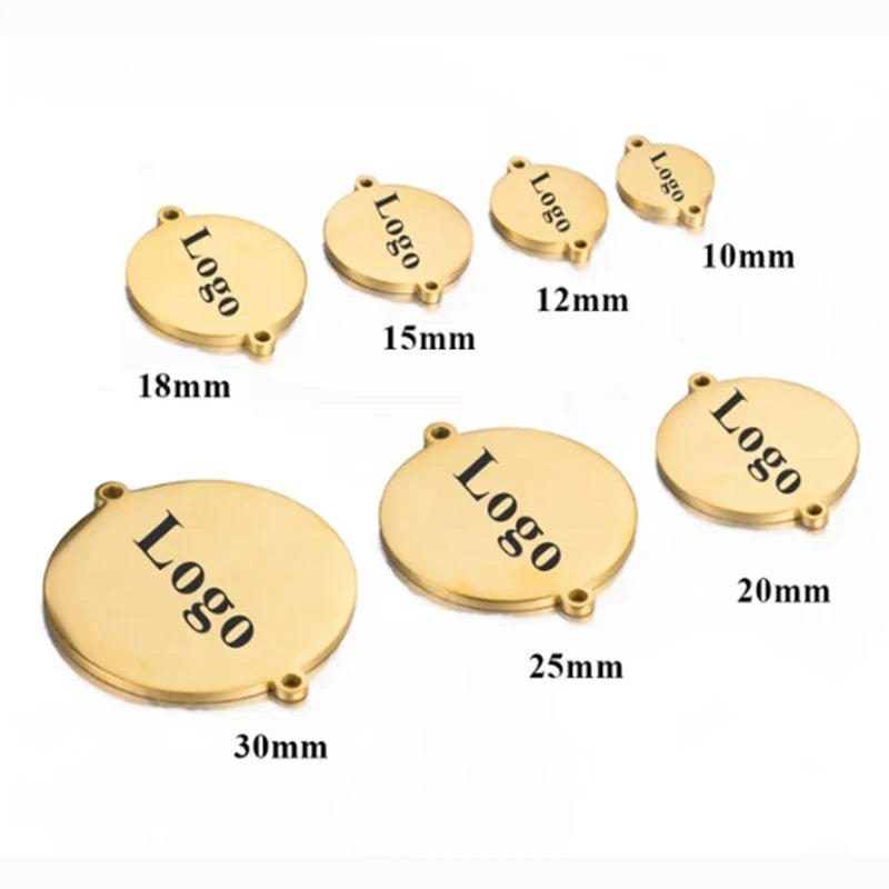 10mm-30mm 10pcs/lot Stainless Steel Round Logo Name Charms Disc Pendant Connectors Two Hole Personalized for Jewelry Making DIY