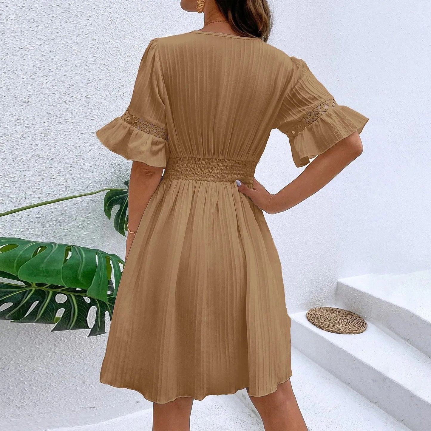 Women Sexy V Neck Flying sleeve Mini Dress Summer Hollow Embroidery Lace Patchwork Party Dress Casual Loose Beach A-Line Dress