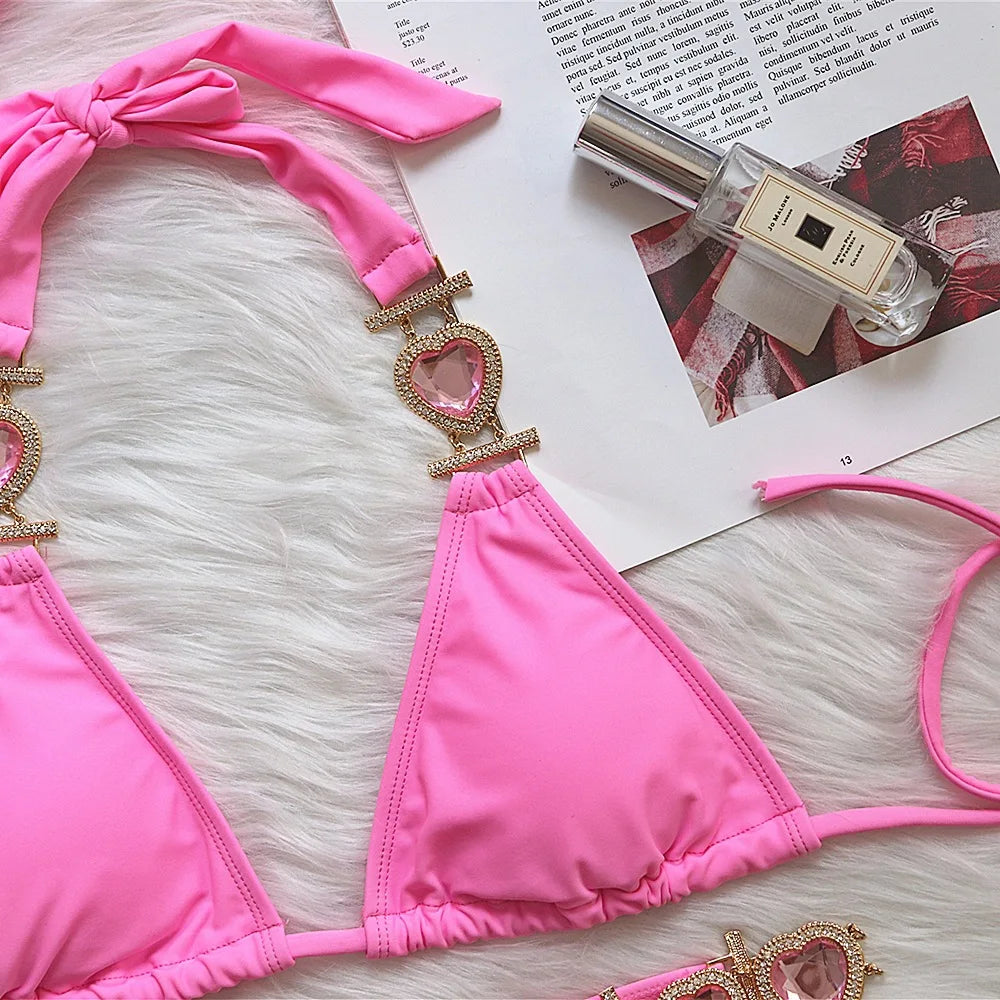 4 Colors New Sexy Bikini Women Luxury Heart-shaped Crystal Diamond Chain Solid Swimwear Swimsuit Female Bikinis Set Bathing Suit