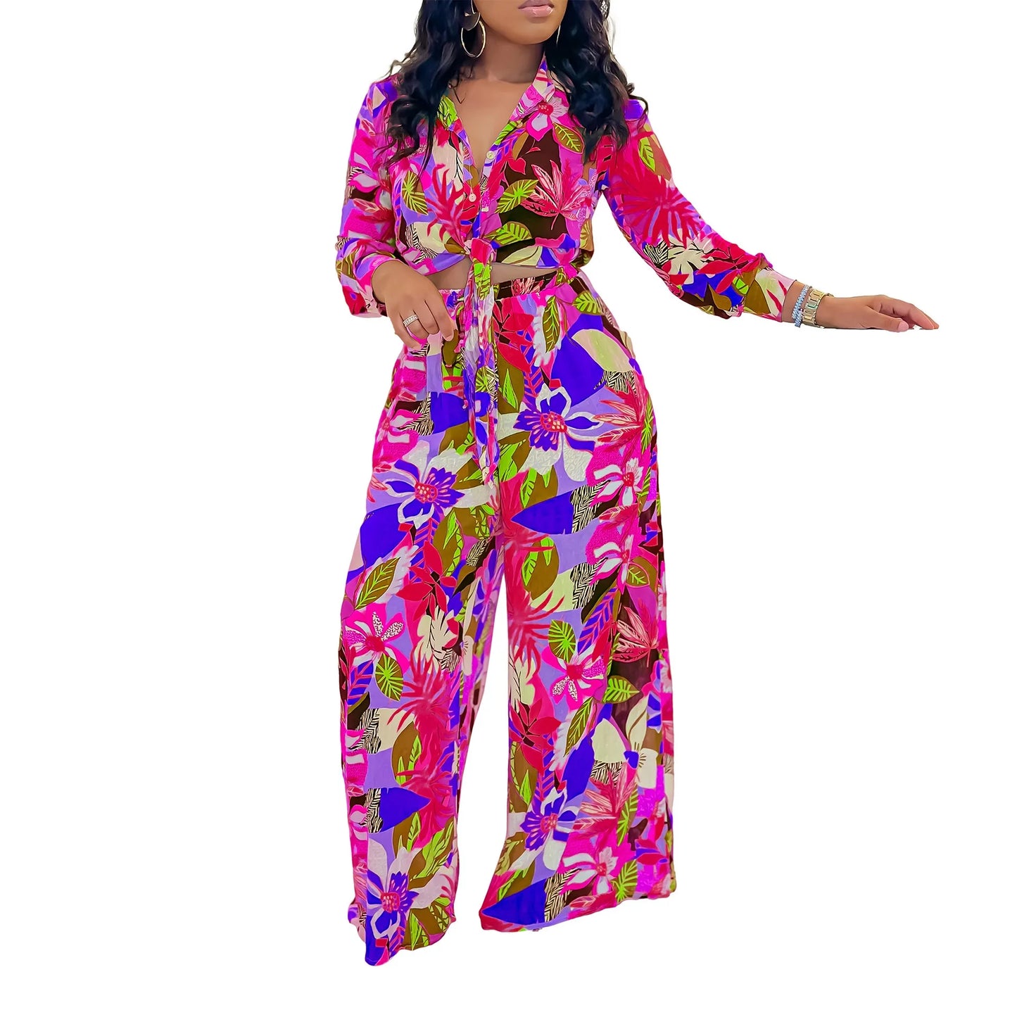 Women 2 Pieces Printed Pants Sets Blouse & Wide Leg Pants Floor Length Fashion High Street Wear Female Two Pieces Matching Sets