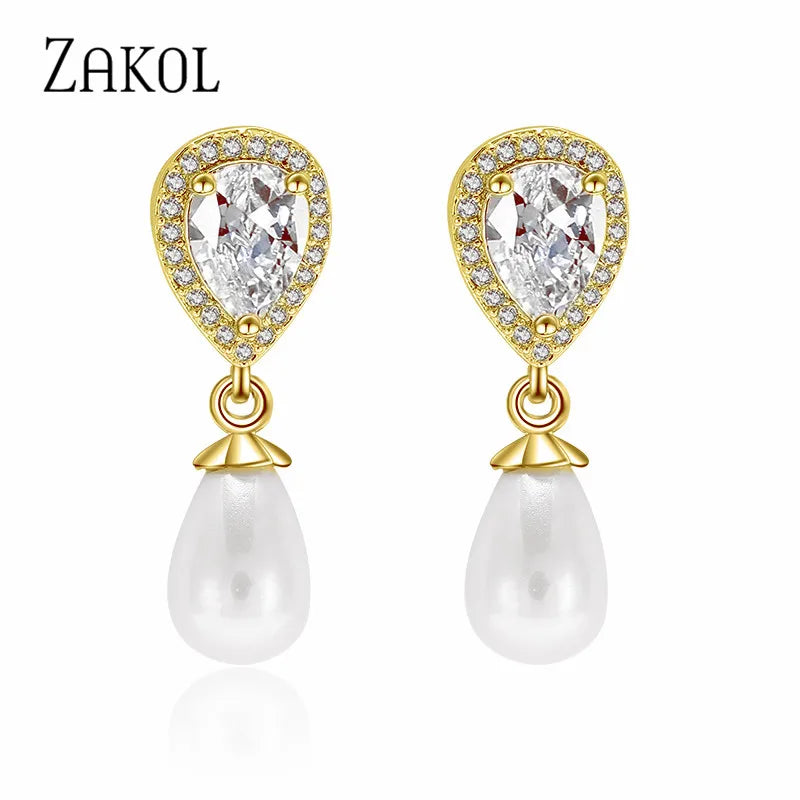 ZAKOL Fashion Imitation Pearl Dangle Earrings Luxury Jewelry for Women AAA Water Drop Cubic Zirconia Wedding Earring