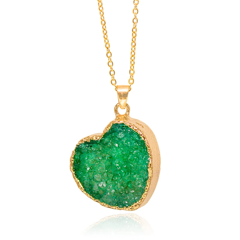 Heart Shaped Druzy Quartz Stone Necklace for Women Raw Crystal Cluster Reiki Healing Pendant Jewelry