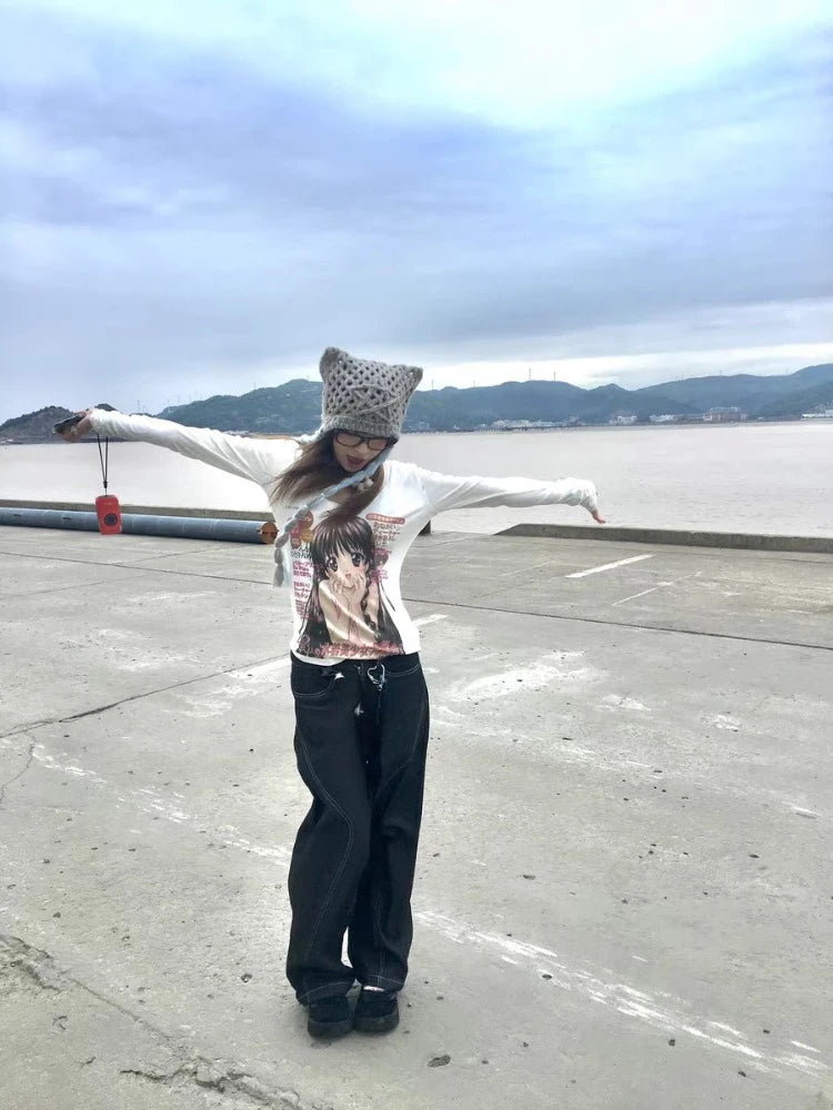 Cute T Shirt Women's Clothing Long Sleeve Slim Waist Anime Tees Y2k Tops 2025 Ropa Mujer Casual Fashion Japanese T-shirts 63c405