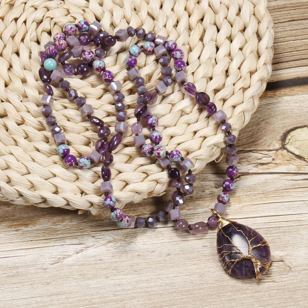 New Fashion Bohemian Spring Women Jewelry 6mm Natural Stone Knot Necklace Hand Wrapped Life Tree Stone Drop Pendant Necklace