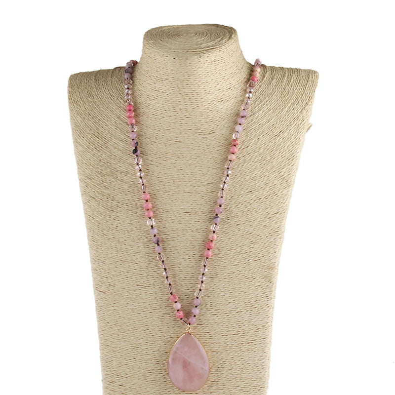 Fashion Bohemian Jewelry Accessory 6mm Stone/Glass Knotted Stone Drop Pendant Necklaces Women Beaded Necklace