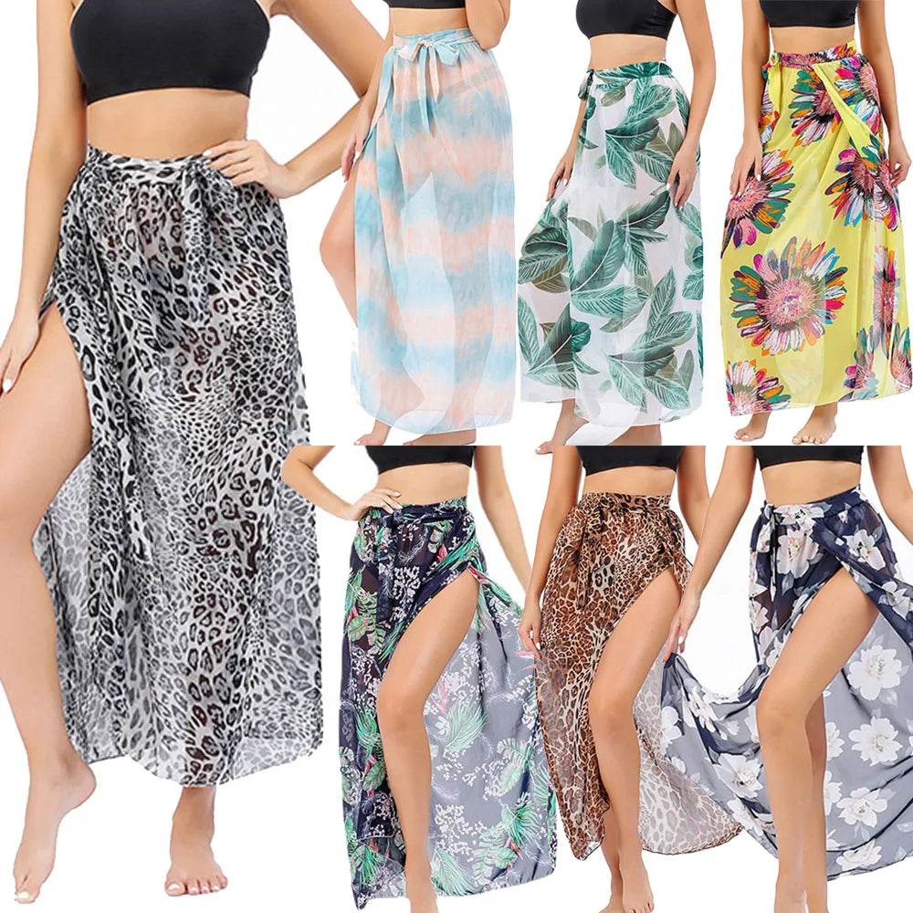Women Long Print Sarongs Swimsuit Coverups Beach Bikini Wrap Sheer Long Skirt Chiffon Scarf Cover Ups for Swimwear