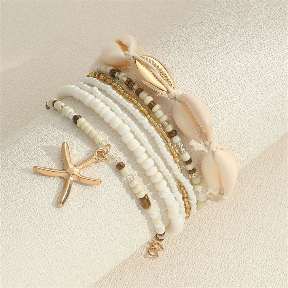 Shell Starfish Anklets for Women Bohemian Anklet Leg Rice Beads Bracelet Handmade Foot Chain Boho Jewelry Sandals Gift