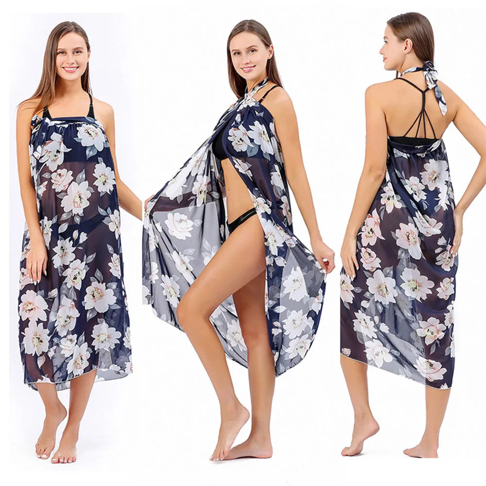 Women Long Print Sarongs Swimsuit Coverups Beach Bikini Wrap Sheer Long Skirt Chiffon Scarf Cover Ups for Swimwear