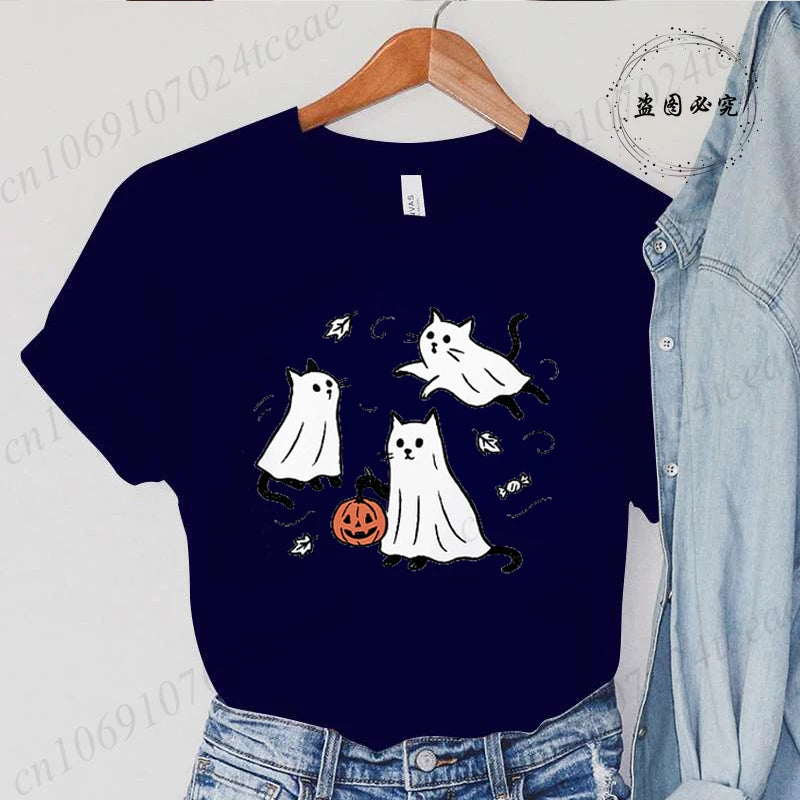 New Fashion Ghost Cat T-Shirt Tops Womens Vintage T-Shirt Funny Spooky Halloween Classic T-Shirt Tops Women's Tees Streetwear