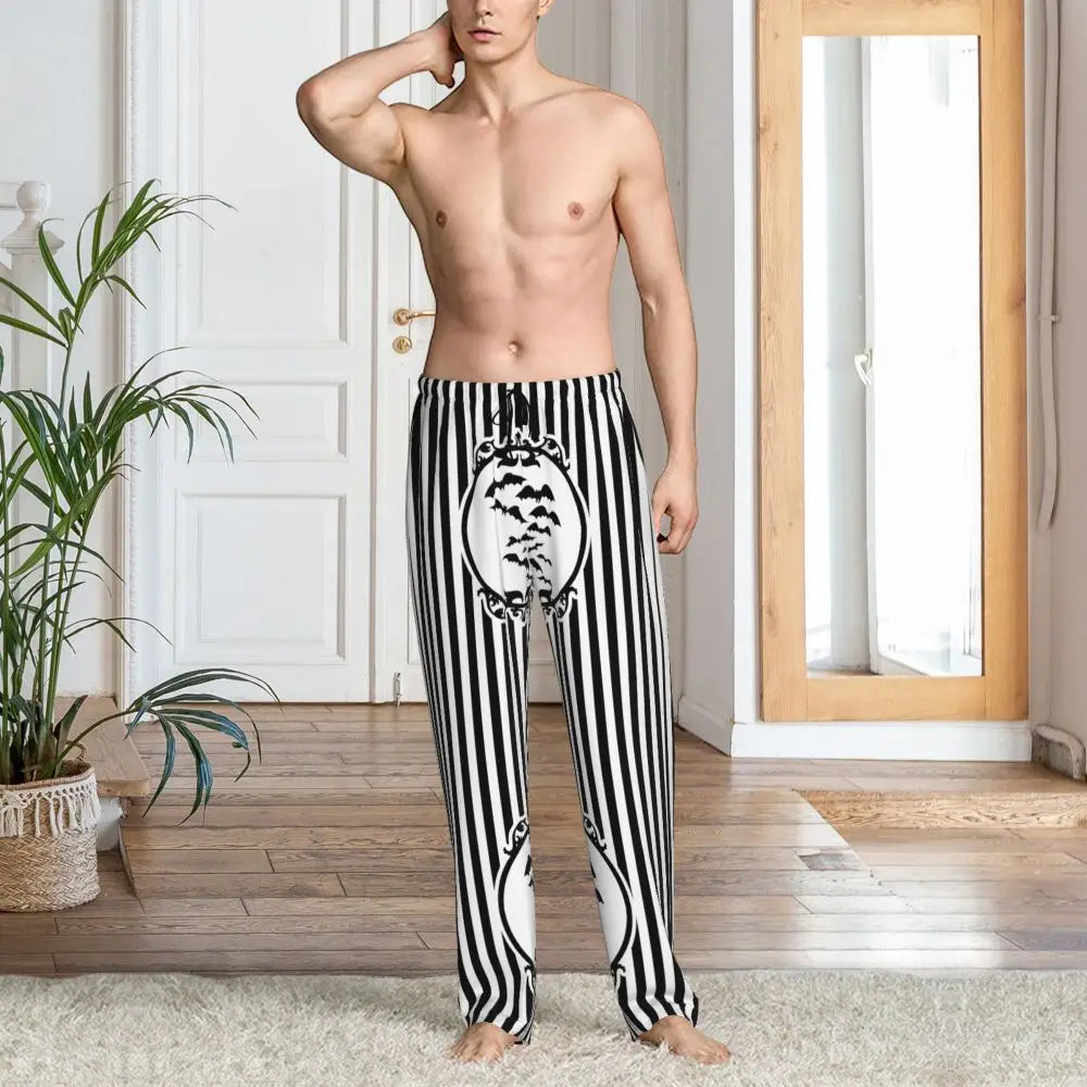 Custom Cute Spooky Halloween Bats Black And Purple Pajama Pants for Men Lounge Sleep Drawstring Sleepwear Bottoms with Pockets