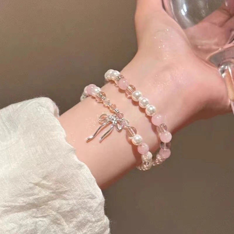 Cute Pink Beaded Imitation Pearl Bracelet For Women Girl Elegant Y2k Sweet Korean Charm Bowknot Bow Jewelry Party Gifts