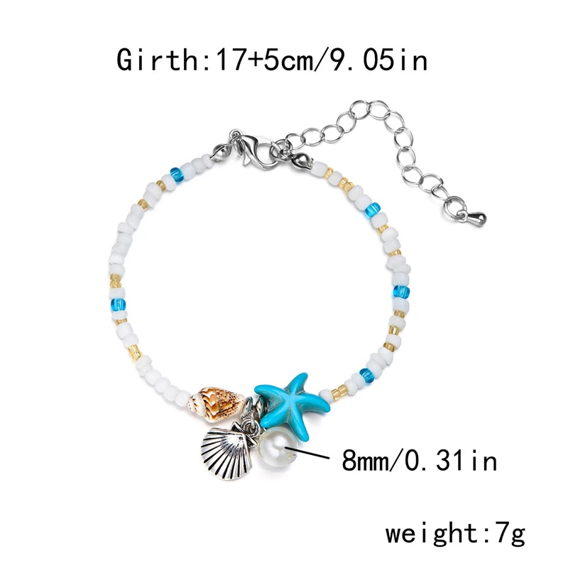 Boho Starfish Conch Bracelet Anklets for Women Cute Adjustable Shell Rice Beads Ankle Bracelets Girls Summer Foot Beach Jewelry