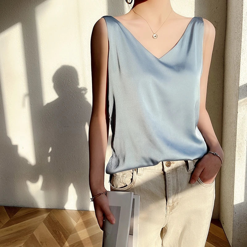 Women's New Four Seasons Inner Wear Silk Suspenders 2022 V-Neck Solid All-Match Satin Vest Soft Loose Thin Lady Sleeveless Tops