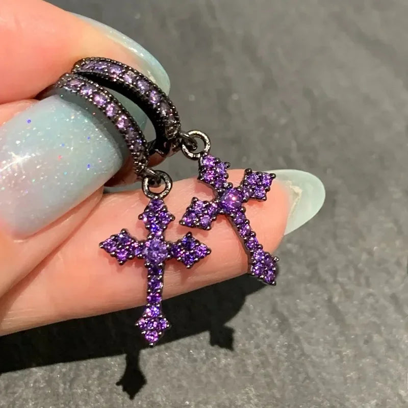 New Trendy Punk Zircon Crystal Cross Earring for Women Men Goth Hip Hop Piercing Black Hoop Earrings Fashion Party Jewelry Gifts