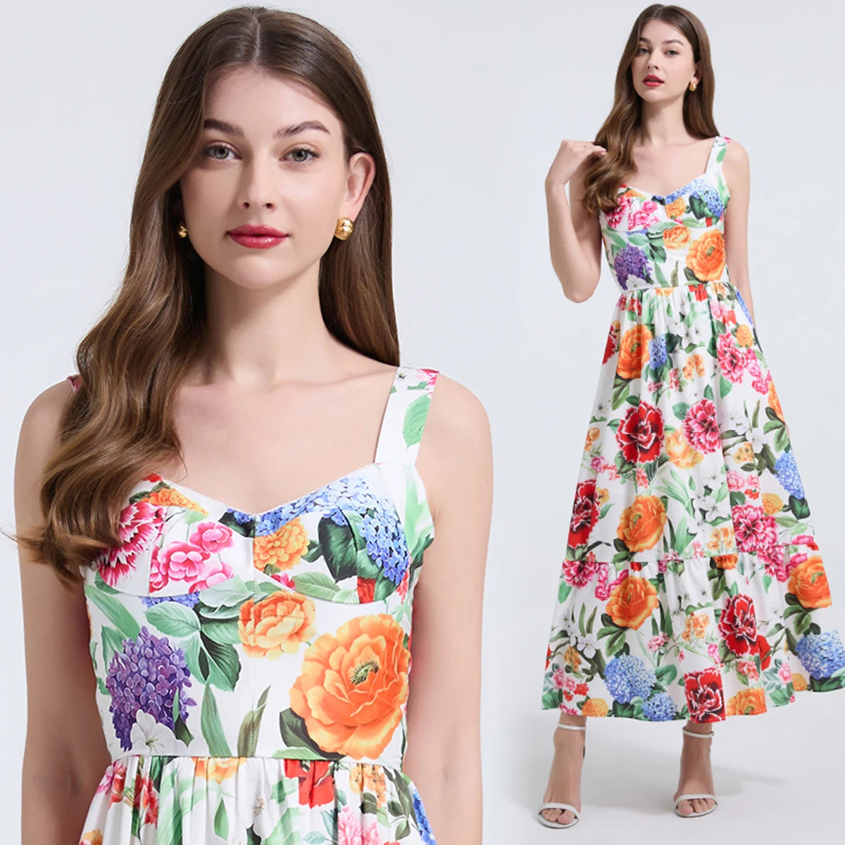 Women Gorgeous Flower Long Dress Swing Sling Dress Spaghetti Straps Floral Backless Dresses Summer Lady Elegant Holiday Outfits