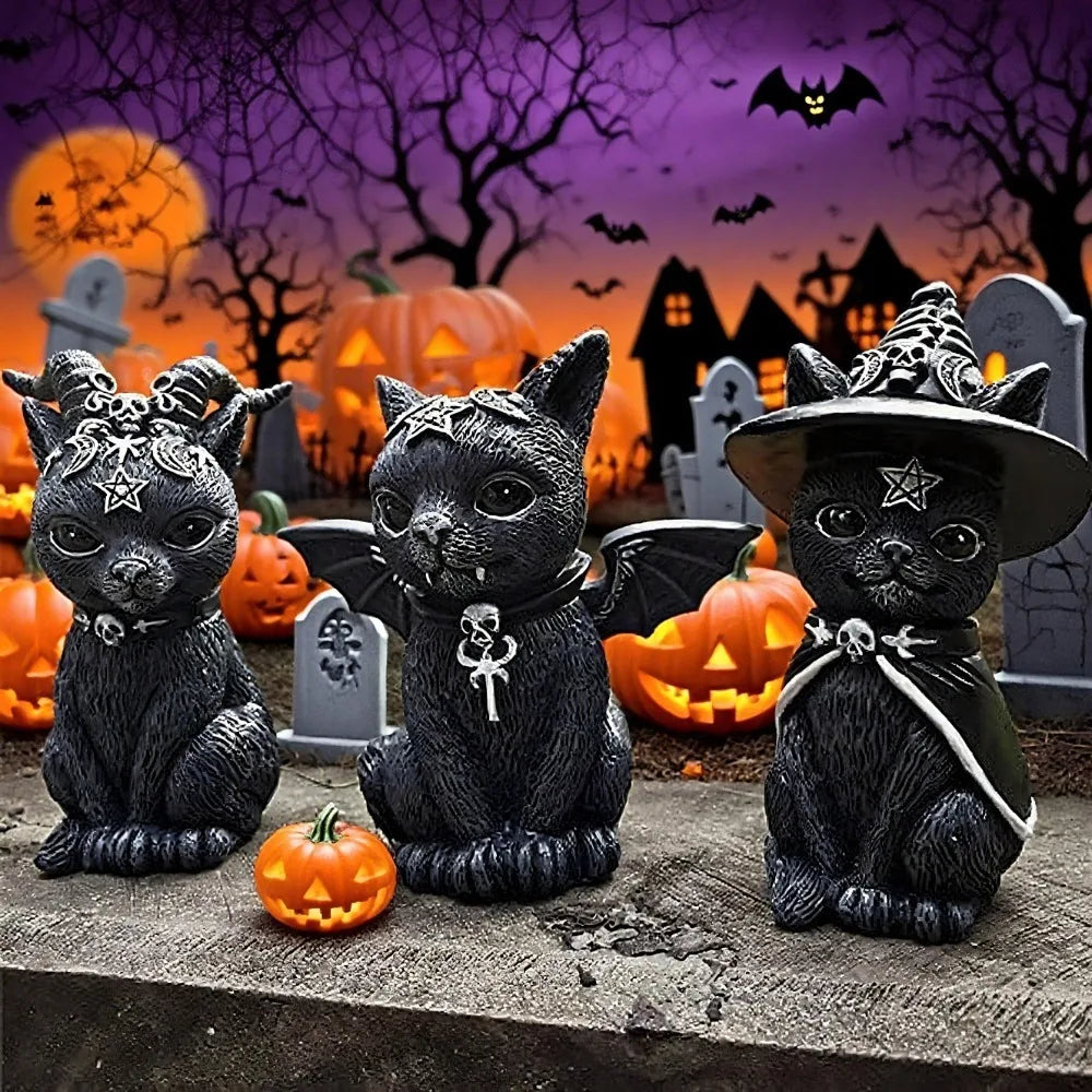 1PC Black Cat Statue Witch Gothic Decor Hand Painted Sculpture Halloween Desk Ornament Mysterious Cute Figurine Home Decor