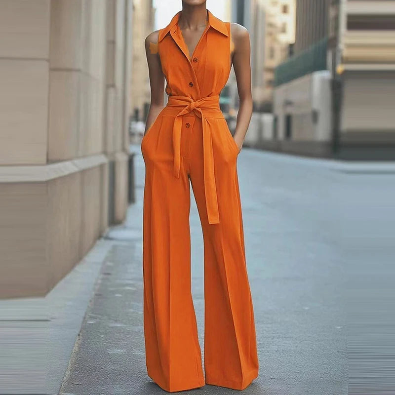 Temperament Tie-Up Solid Color Party Jumpsuit Elegant Sleeveless Pocket Straight Playsuit Fashion Lapel Button Waist Long Romper