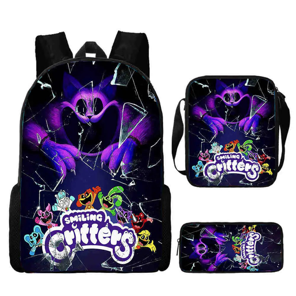 3pcs Set Smiling 3D Critters School Backpack with Pencil Bag Shoulder Bags Large Capacity Cartoon Amine Game Child Backpack