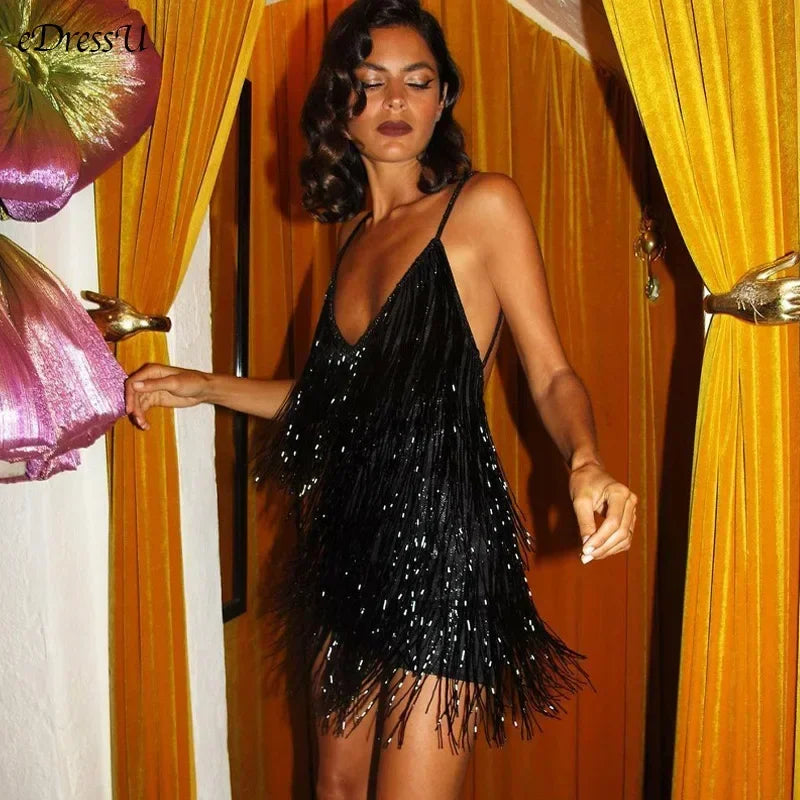 Leosoxs Women Sexy Deep V-Neck Spaghetti Straps Fringe Bodycon Mini Dress Tassels Backless Gatsby Cocktail Club Party Dresses