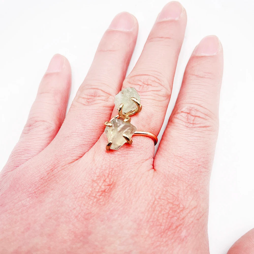 Irregular Fluorite Crystal Open Cross Ring for Women Girls Claw Setting Gold-color Boho Rough Stone Finger Jewelry Resizable