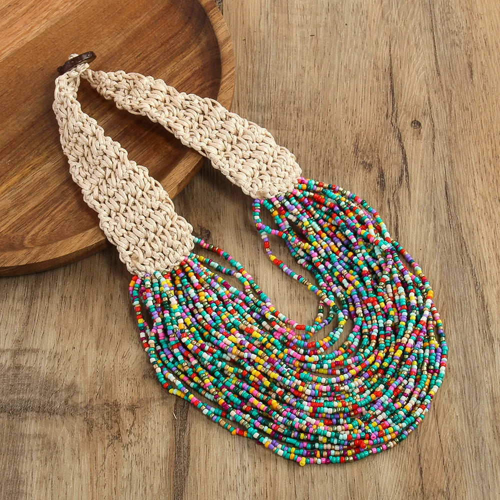 Western fashion retro Bohemian ethnic style exaggerated women's necklaces multiple layers hand woven rice bead wax rope necklace