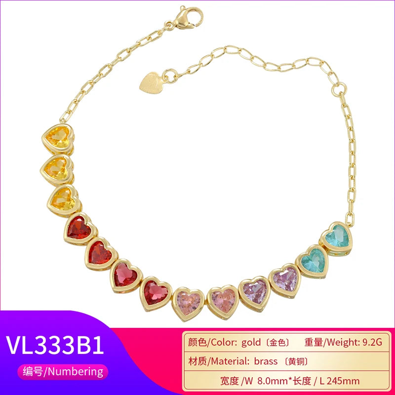 ZHUKOU Heart Rainbow bracelet for women 6 colors CZ stones necklace for women Summer adjustable jewelry sets wholesale VL333