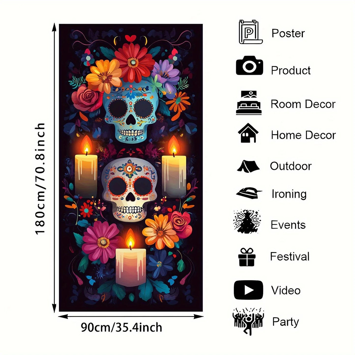 2D FLAT banner background cloth banner party decoration 1 polyester skull curtain flag, suitable for Halloween Day of the Dead