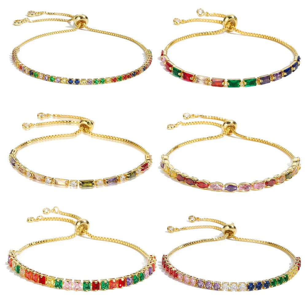 Luxury Rainbow Adjustable Multicolor Tennis Bracelets For Women Ladies Wedding Colorful Zircon Charm Bracelet Hand Chain Jewelry