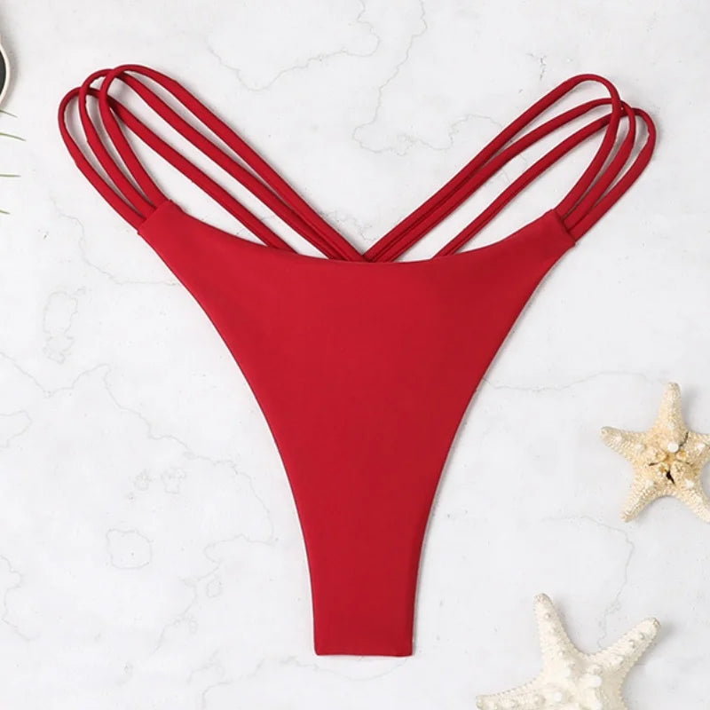 Sexy Bikini Thong Women Swimsuit Solid Hollow Out Low Waist Swimming Trunks Summer 2025 New Spice Girl Beach Vacation Bikinis