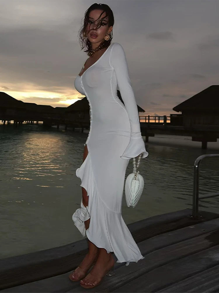 Flounce Solid Color Slim Dress Woman Single Breasted Deep V-Neck Flared Sleeve Irregular Hem Dresses Elegant Women's Slit Dress