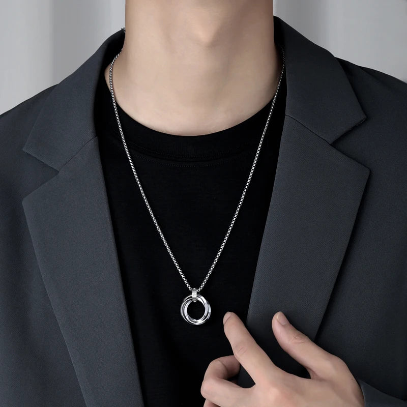 Fashion Men Necklace 3 Round Ring Stainless Steel Pendant Necklaces For Women Silver Color Chain Hiphop Rock Jewelry Accessories
