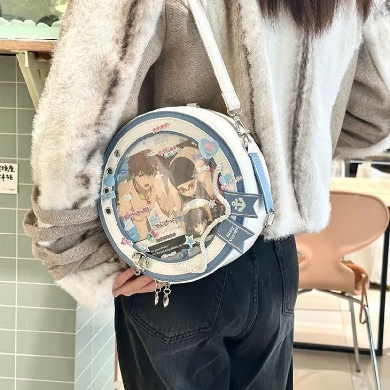 Y2K Cute Nautical Theme Ita Bag Kawaii Girl Transparent Shoulder Bag DIY Display Backpack Students Round Messenger Crossbody Bag