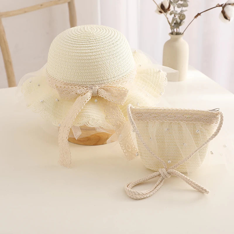 Kids Girls Wide Brim Straw Woven Cap Sun Protection Beach Hat Lace Pearl Summer Floppy Bucket Cap Portable Handbag панама