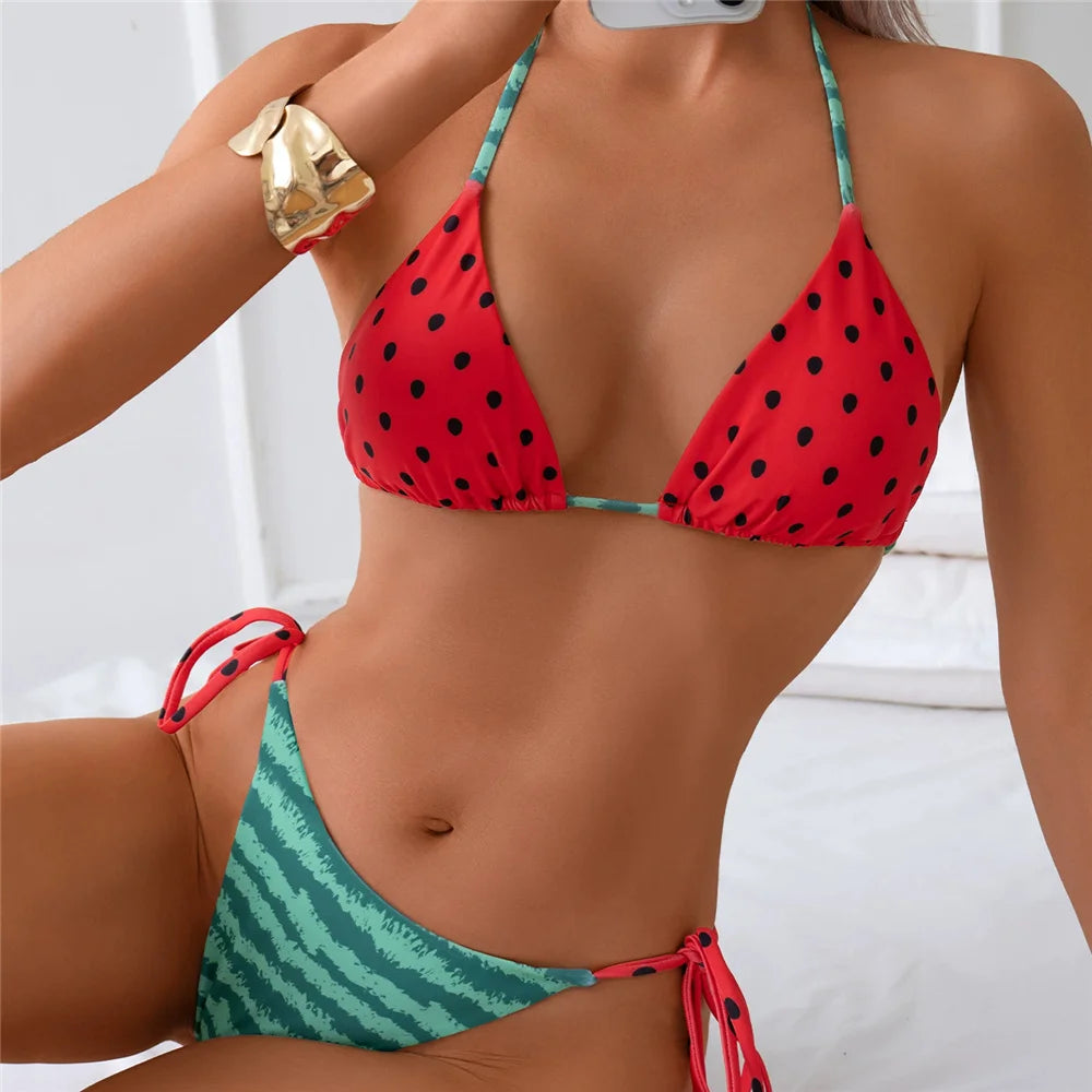 Watermelon Print Swimwear String Halter Triangle Thong Micro Bikini 2025 Sexy Swimsuit Women Brazilian Bikinis Sets Beach Wear