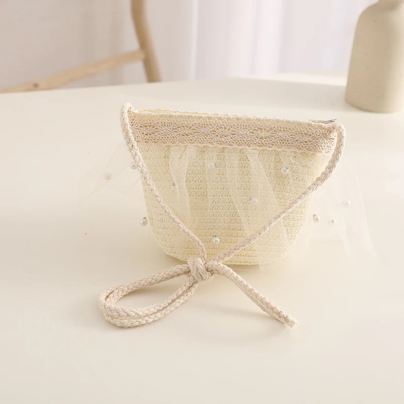 Kids Girls Wide Brim Straw Woven Cap Sun Protection Beach Hat Lace Pearl Summer Floppy Bucket Cap Portable Handbag панама