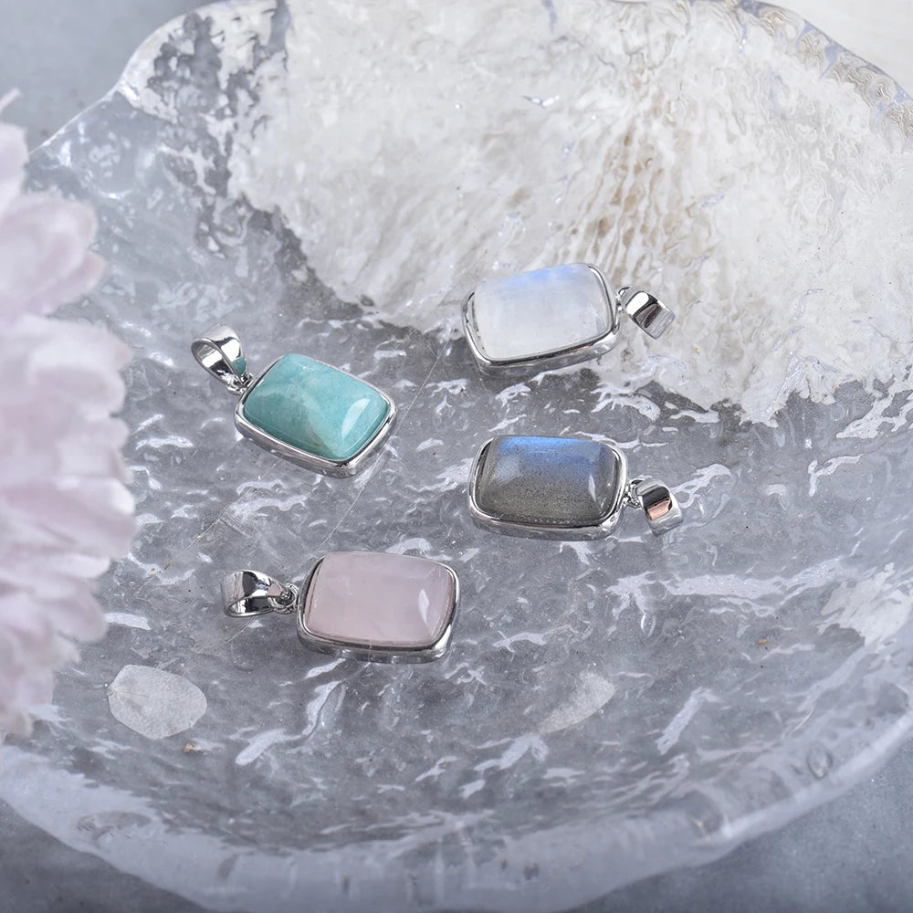 ITSMOS Natural Rainbow Moonstone Sterling Silver/Copper Pendant Necklace rectangle Energy Stone Jewelry for Women Girl Gift