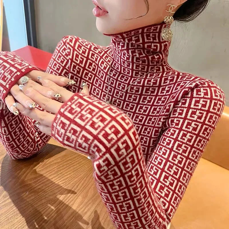 Autumn Winter Vintage Letter Thick Warm Commute Knitted Pullovers Women's Clothing Basic Turtleneck Soft Elastic Slim Sweaters