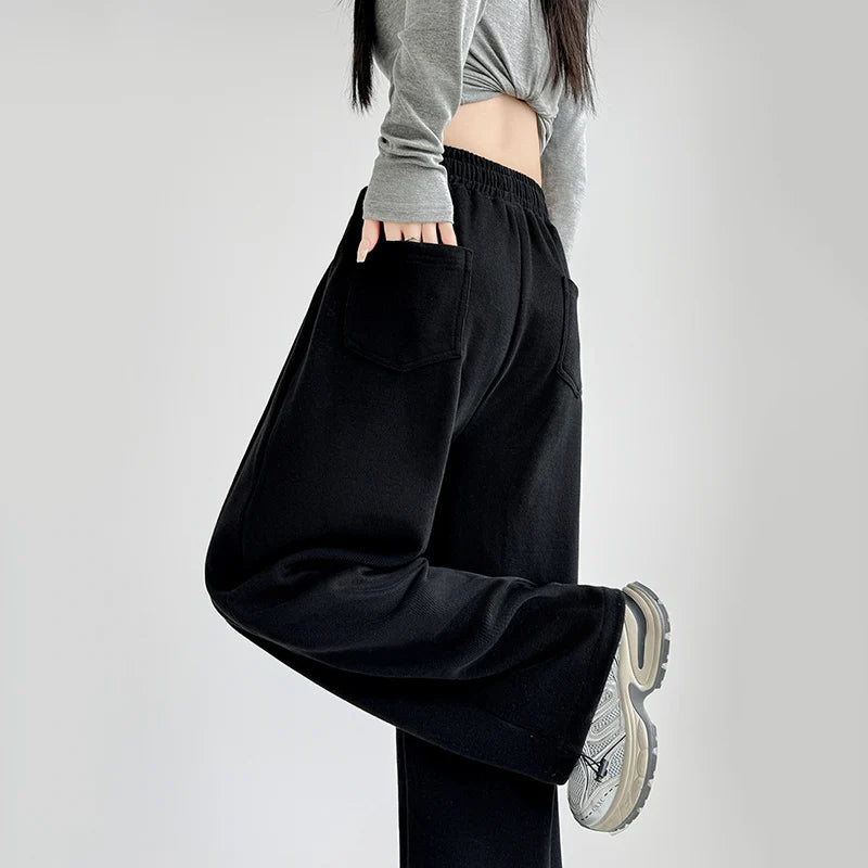 Black Gray High Waist Sweatpants Women Spring Autumn Elastic Waisted Wide Leg Trousers Woman Comfort Straight Loose Sport Pants
