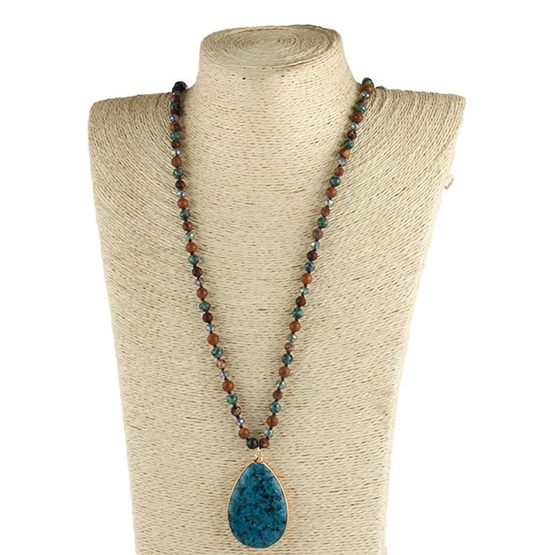 Fashion Bohemian Jewelry Accessory 6mm Stone/Glass Knotted Stone Drop Pendant Necklaces Women Beaded Necklace