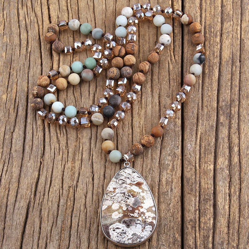 RH Fashion Beaded Necklace 8mm Natural Stone Glass Beads Knotted Pendant Necklaces For Women Bohemian Jewelry Dropship