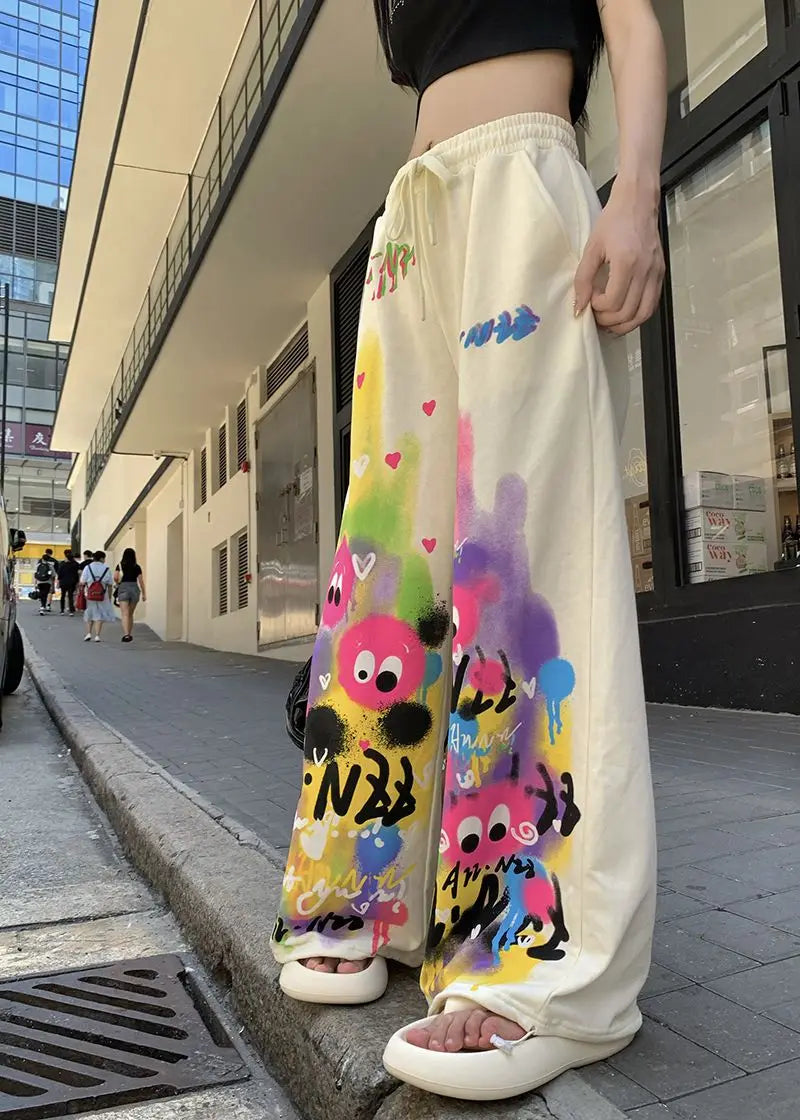 Kawaii Cute Dopamine Graffiti Casual Pants Women Tie Dye Summer Elastic High Waiste Drawstring Pockets Loose Wide Leg Trousers