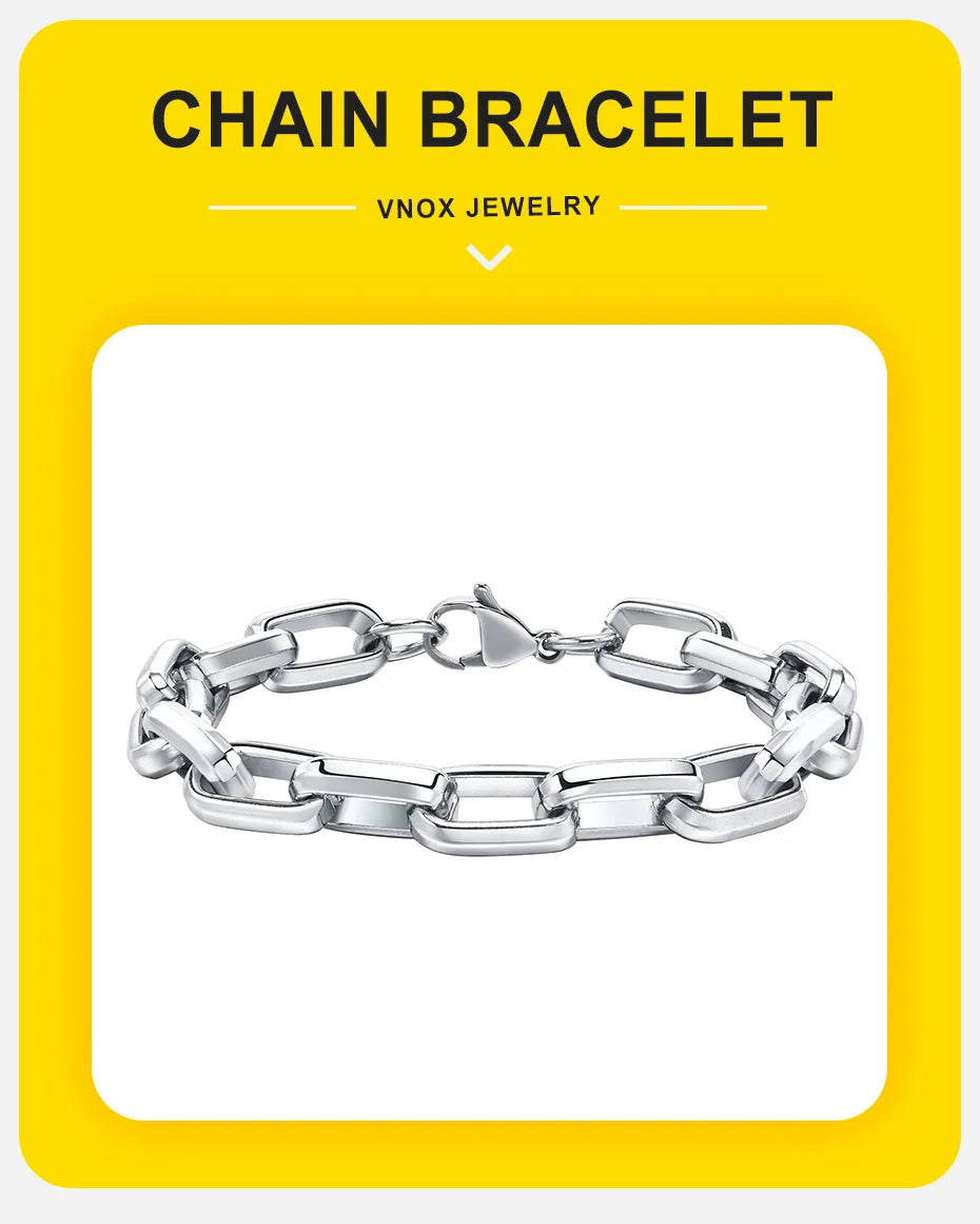 Vnox 9.2MM Rectangle Chain Stainless Steel Bracelets for Men Dad Papa BFF Valentine's Father's Day Birthday Gifts Jewelry