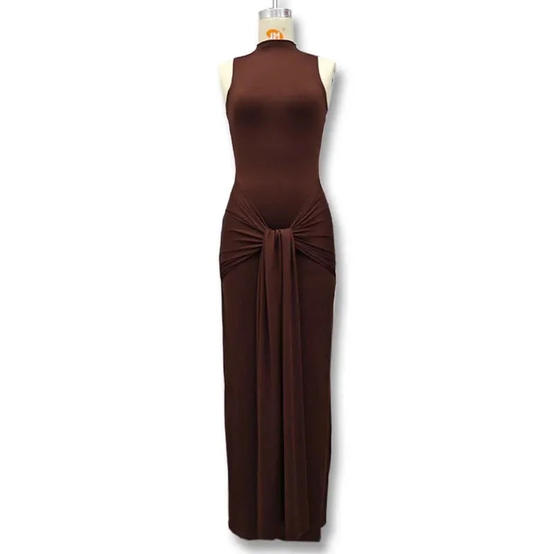 Slim Fit Wrap around Midriff Baring Sleeveless round Neck Dress for Women in Autumn And Winter Pure Color with Belt Detail
