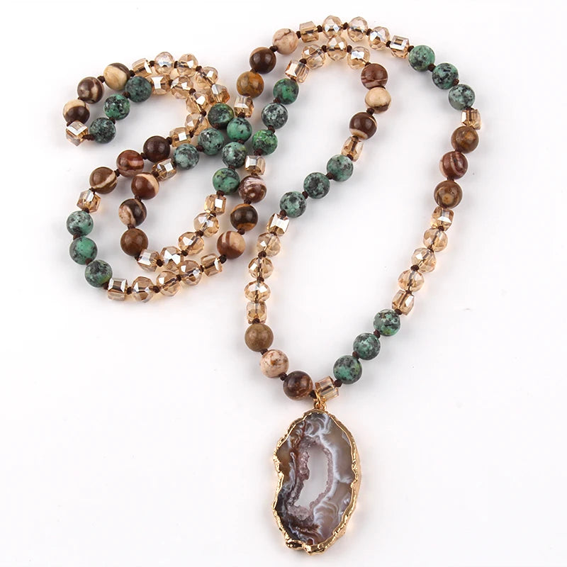 Fashion Bohemian Tribal Jewelry Crystal / Stone Long Knotted Irregular Druzy Stone Pendant Necklaces For Women