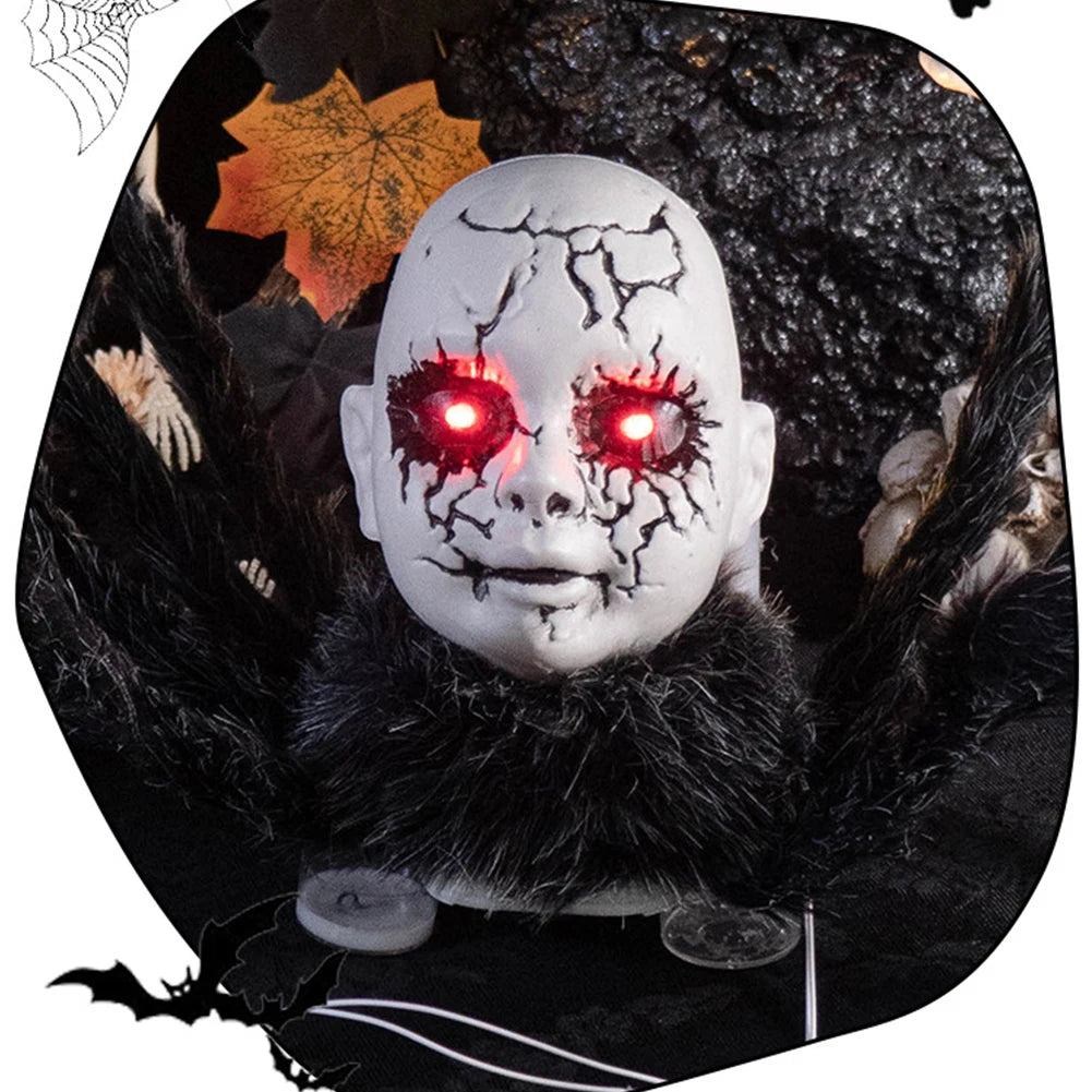Halloween Animatronic Face Spider Sound Activated Scary Walking Spider Haunted House Prop Halloween Party Porch Decoration