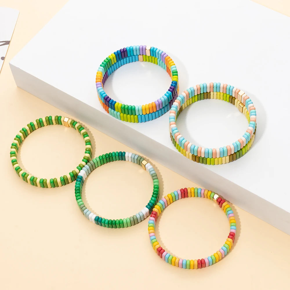 2024 New Design Elatic Rainbow Bracelets For Women 2X8MM Rectangle Beads Bracelets Bohemian Metal Bangle Colorful Jewelry