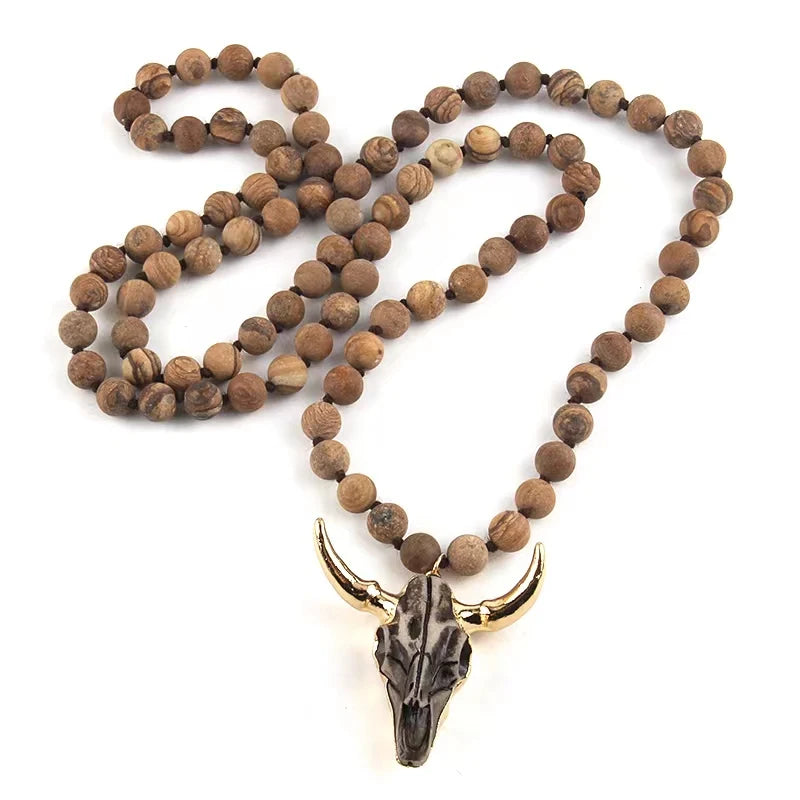 Fashion Bohemian Jewelry Long Knotted Stone Beads 3 Color Horn Pendant Necklace For Women Ethnic Necklace