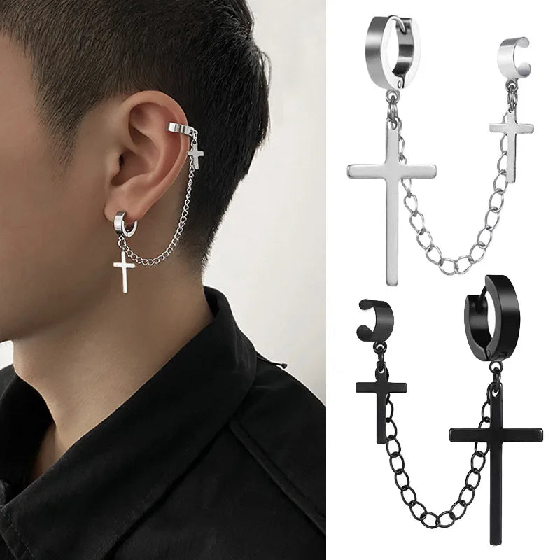 New Trendy Punk Zircon Crystal Cross Earring for Women Men Goth Hip Hop Piercing Black Hoop Earrings Fashion Party Jewelry Gifts
