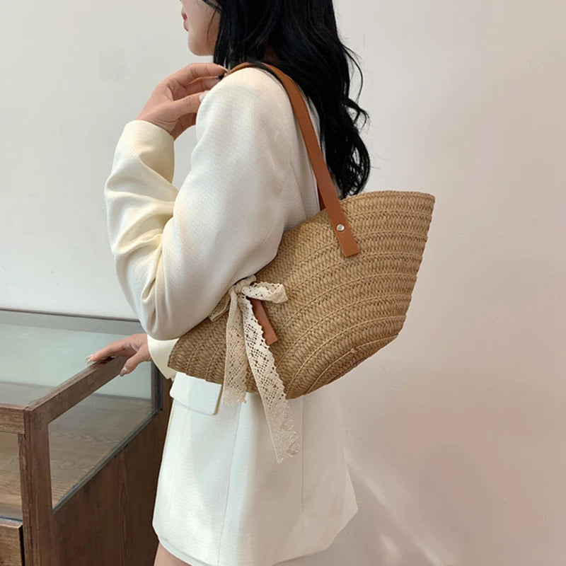 Women Braided Basket Clutches Bag Large Straw Portable Shoulder Bag Summer Beach Purses Shopper Satchel