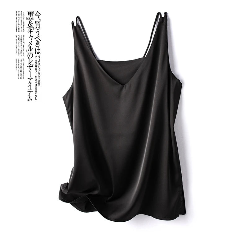 Women's New Four Seasons Inner Wear Silk Suspenders 2022 V-Neck Solid All-Match Satin Vest Soft Loose Thin Lady Sleeveless Tops